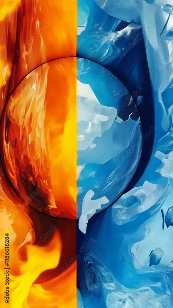 Poster abstract representation of fire and ice merging with a circular element at the center