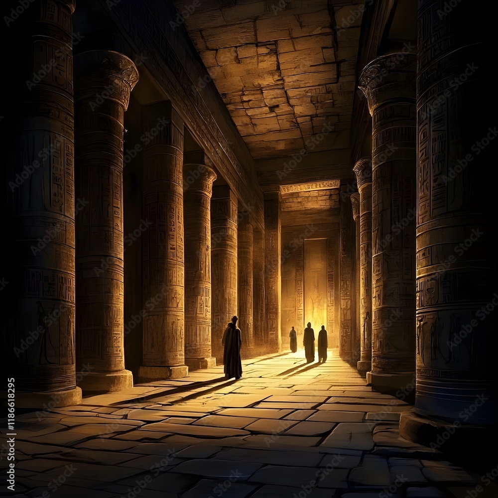 Poster a dimly lit ancient temple corridor with tall columns and shadowy figures.