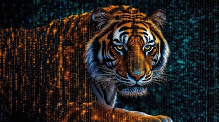A striking tiger emerges from a digital background, blending wildlife with elements of technology and abstract art.