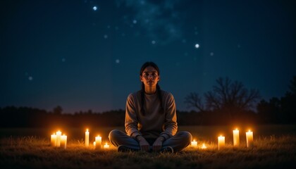 Person meditating among candles under a starry night sky in a tranquil outdoor setting
