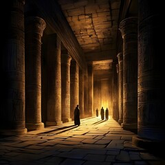 A dimly lit ancient temple corridor with tall columns and shadowy figures.