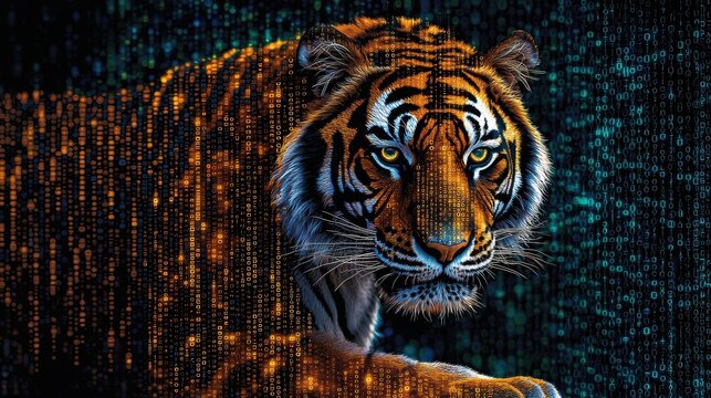 A striking tiger emerges from a digital background, blending wildlife with elements of technology and abstract art.