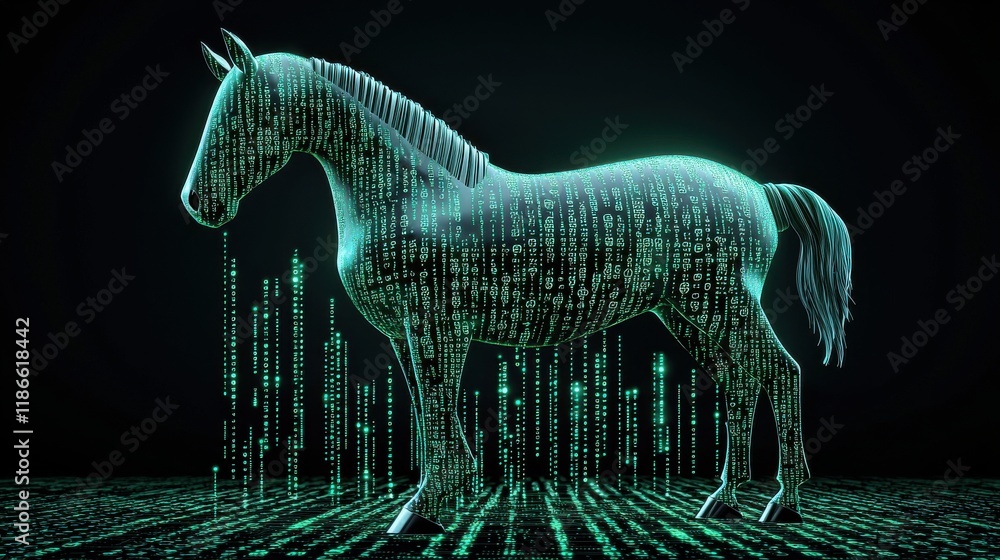 Poster a glowing, digital horse silhouette stands against a dark background, surrounded by cascading binary