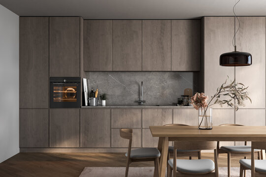 Modern kitchen with wooden cabinetry, stone backsplash, built-in oven, and pendant lighting, featuring a dining area with a wooden table. 3D rendering.