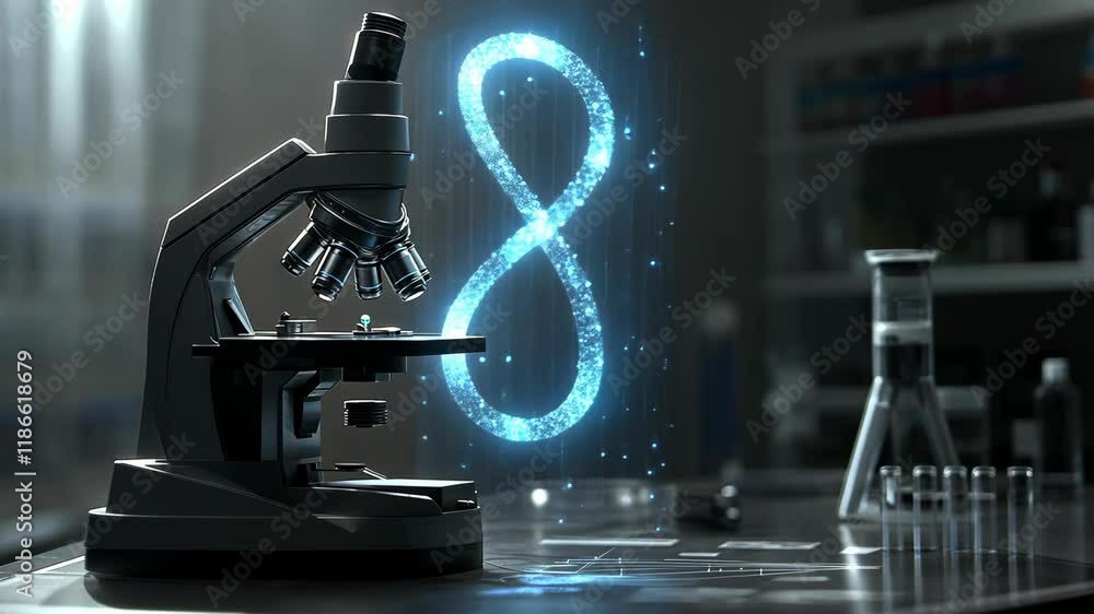 Aufkleber microscope on laboratory table with glowing number symbolizing infinite possibilities