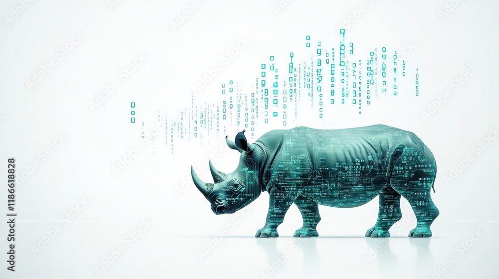 Poster a digital representation of a rhinoceros, blending wildlife with data elements, symbolizing the inte