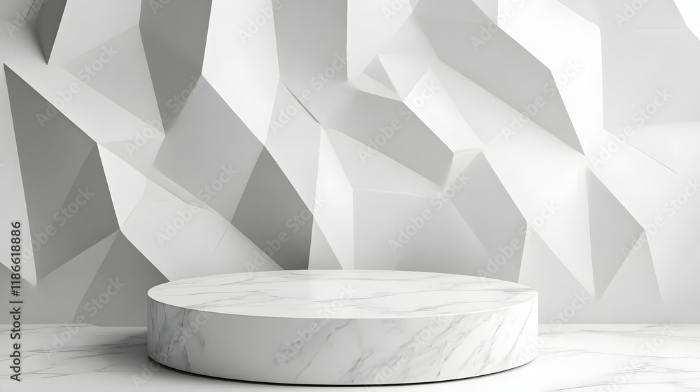 Poster elegant 3d white and gray cylinder stand podium with overlapping triangles perfect for product displ