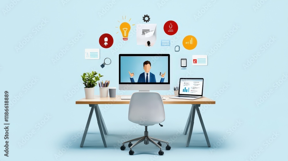 Poster a virtual meeting in progress with a mix of in-office and remote workers, illustrating the collabora