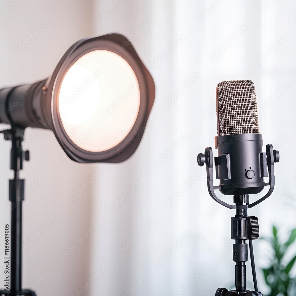 Aufkleber studio setup featuring a microphone and a softbox light, perfect for recording or photography in a c