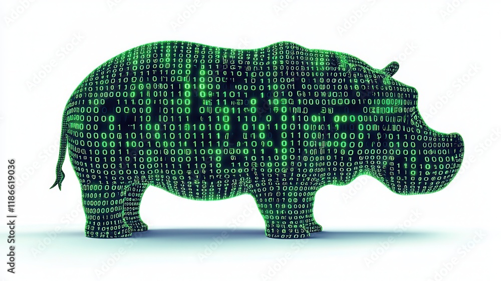 Poster a digital silhouette of a hippopotamus filled with green binary code, symbolizing the intersection o