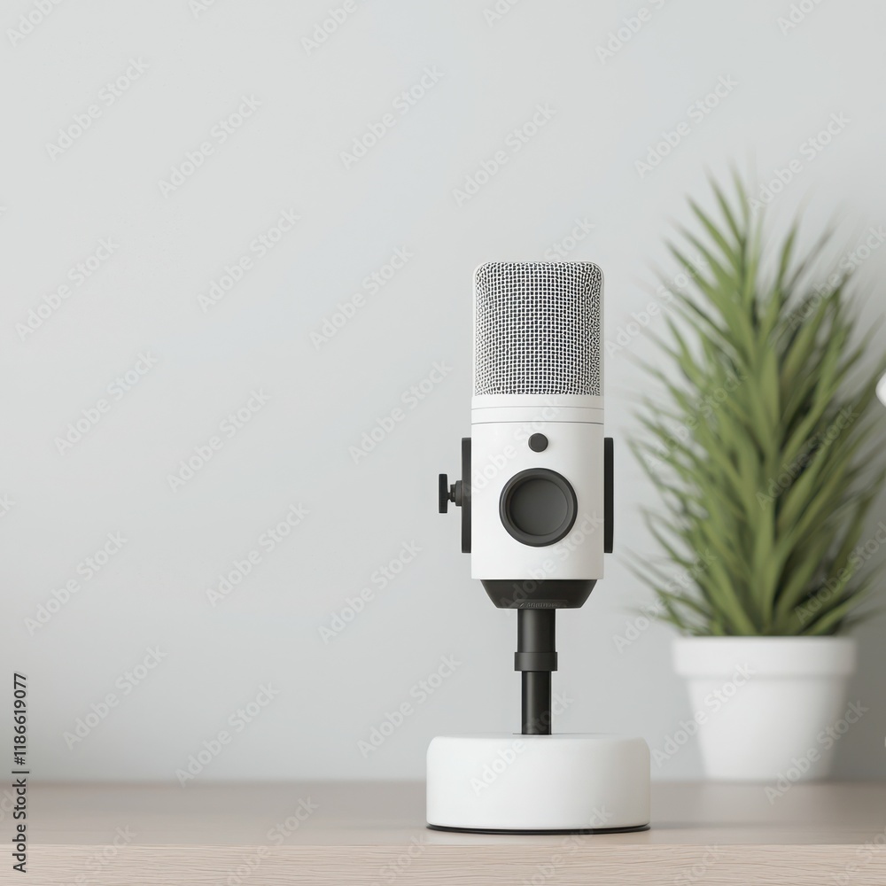 Poster stylish microphone on a desk with a plant in the background, creating a modern and inviting workspac