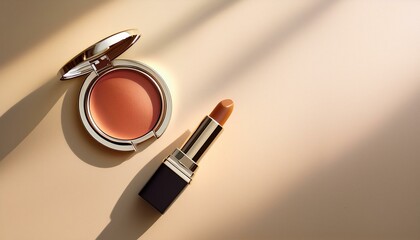 対角線に配置されたリップスティックとコンパクトミラー、シンプルで落ち着いたベージュカラーの背景が美しく調和
