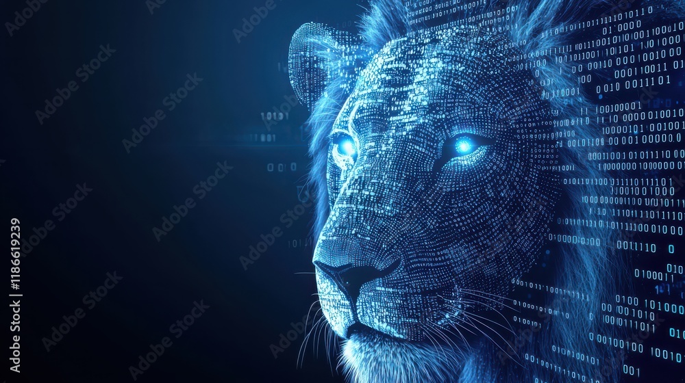 Poster a digital illustration of a lion's head, composed of glowing binary code, symbolizing the fusion of 