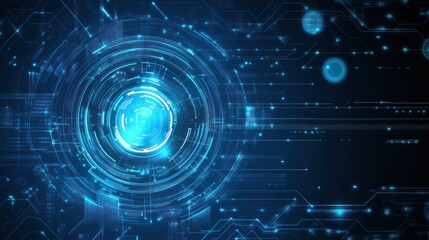 Abstract glowing blue digital technology background with circuit lines and central core.