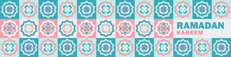 Ramadan Mubarak header with floral arabesque in teal, pink, white arranged in a tiled pattern. Modern trendy pastel colored geometric panoramic banner with bold text. Symmetrical Islamic-inspired art