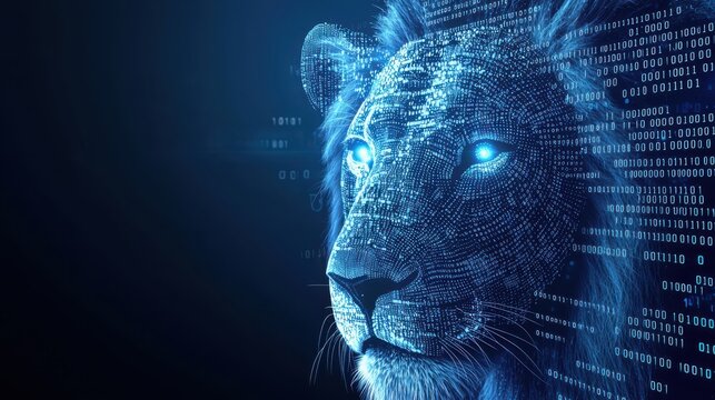 A digital illustration of a lion's head, composed of glowing binary code, symbolizing the fusion of nature and technology.