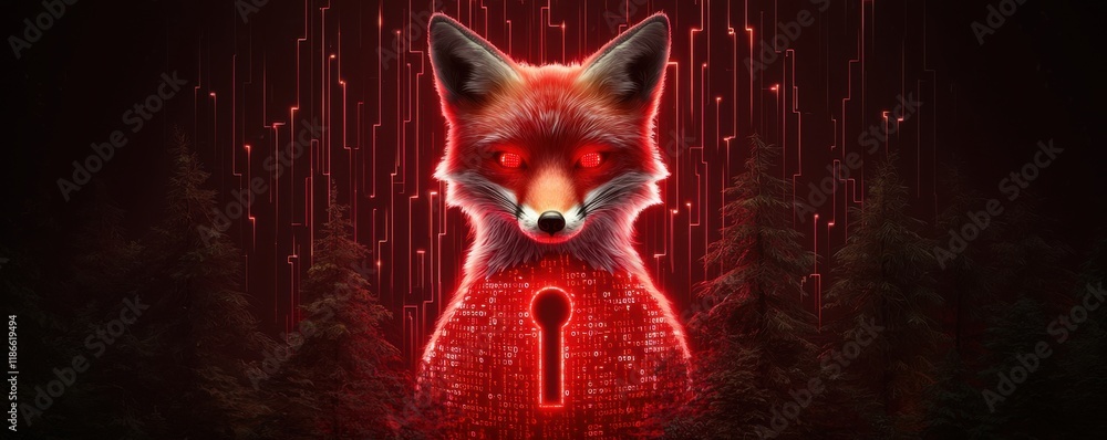 Poster a glowing red fox with bright eyes emerges from a digital backdrop, featuring binary patterns and a 