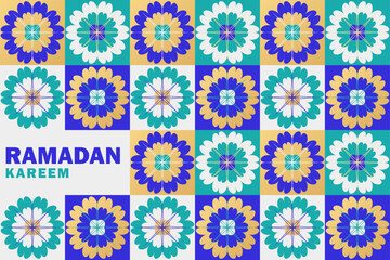 Eid Mubarak banner with colorful geometric floral Arabic pattern in gold, teal, white, and blue with bold RAMADAN KAREEM text on the side. Trendy Islamic greeting card with a modern, vibrant aesthetic