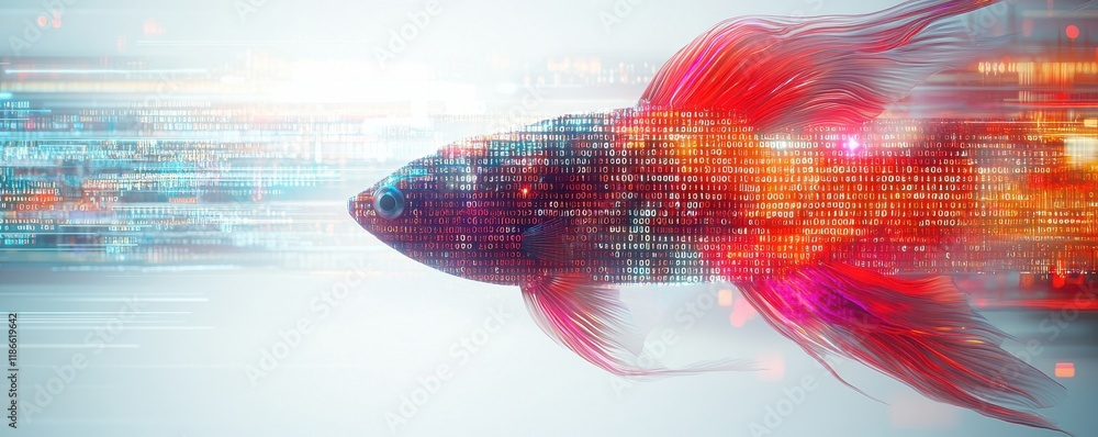 Poster a vibrant, abstract depiction of a fish, blending elements of technology and motion with colorful, d