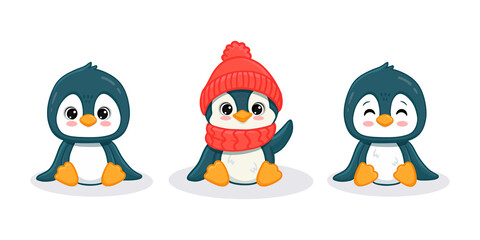 set of cute cartoon penguins isolated on white. Illustration in flat style for christmas card. Funny penguin in hat. 