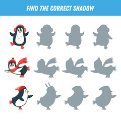 Find correct shadow of cute penguins. Educational logical game for kids. Christmas game. Cartoon funny penguin. 