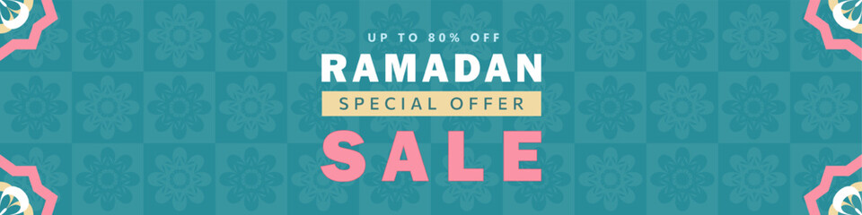 Ramadan sale panoramic banner with bold discount promo text in gold, pink, white on a teal background with floral Arabic arabesque patterns and colorful Islamic geometric frames. Eid Mubarak header