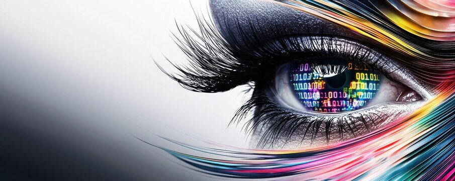 A colorful, abstract eye design featuring digital patterns and vibrant hues, symbolizing creativity and technology.
