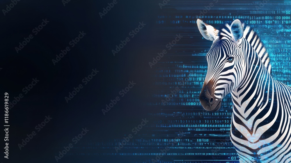 Poster a digital image of a zebra against a blue binary background, merging nature with technology and a mo