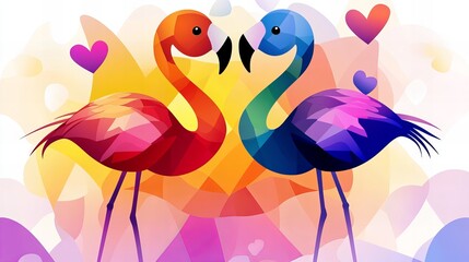 Obraz premium Two vibrant flamingos facing each other against a colorful background, creating a romantic atmosphere.