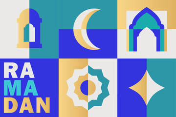Fototapeta premium Ramadan Kareem banner in flat geometric style with a crescent moon, lantern, mosque arches, ornamental patterns, and bold text. Eid Mubarak modern greeting card in blue, teal, white, golden colors