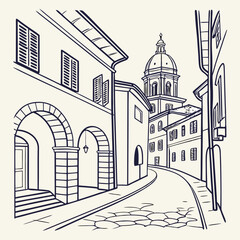 A Delicate Line Art Illustration of a Historic European Town with Narrow Passageways and Majestic Arches