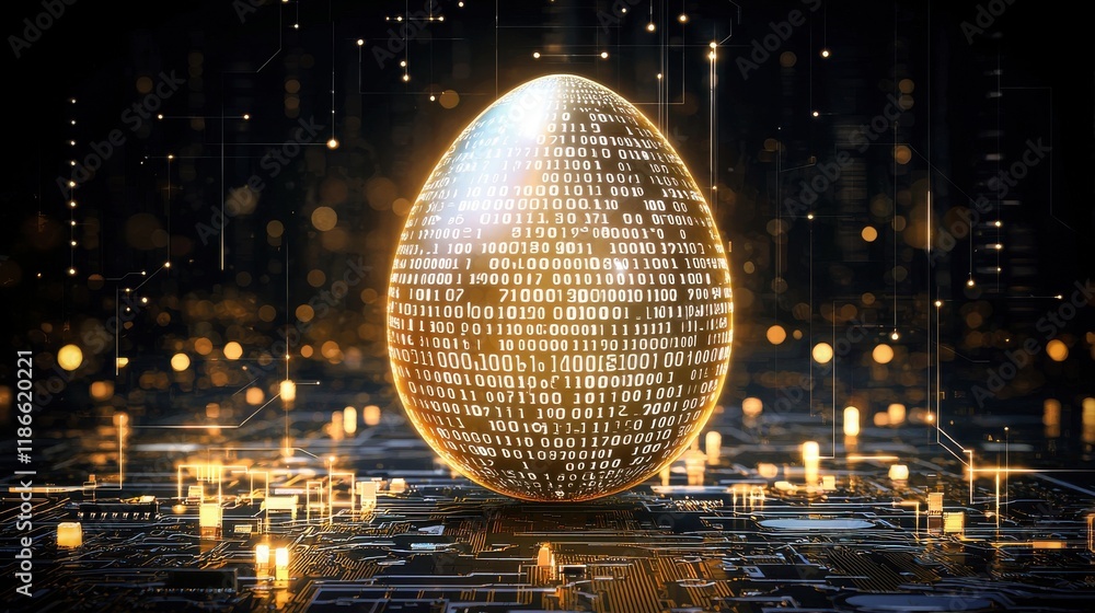 Poster a glowing, digital egg made of binary code stands on a tech-inspired background, symbolizing innovat