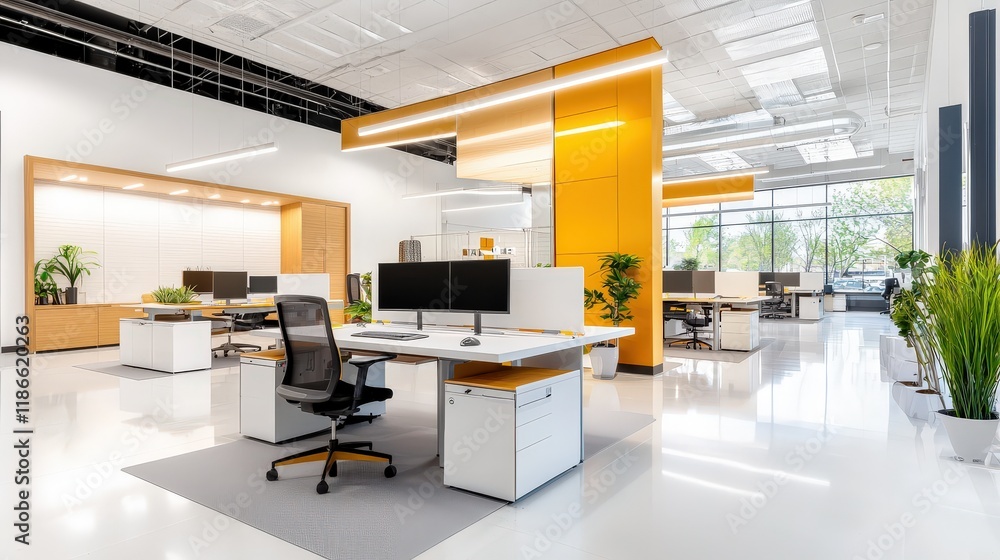 Poster an office featuring agile work culture principles, with flexible desks and collaborative spaces enco