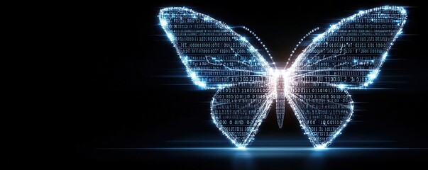 A glowing, digital butterfly composed of light and binary code, symbolizing transformation and technology.