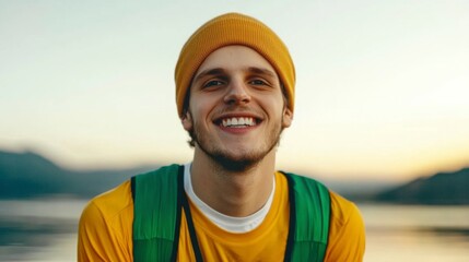 Smiling Backpacker at Sunset: A young man with a bright smile, wearing a yellow shirt and beanie, carries a green backpack.