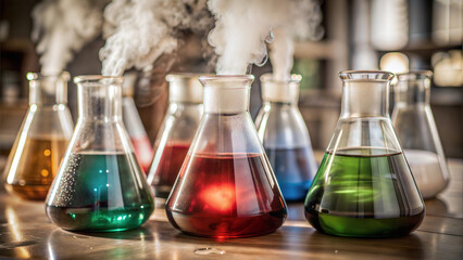 Colorful beakers with steaming liquids in university lab, showcasing chemical reactions