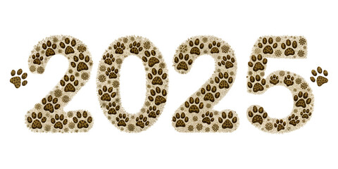 The roasted coffee beans isolated on white background with text New Year 2025 in brown font