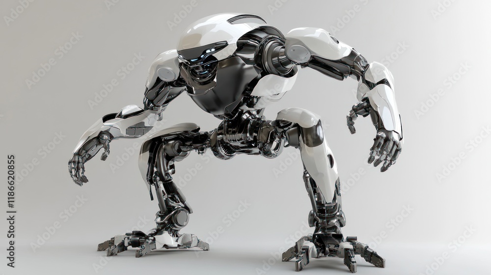 Poster futuristic chrome robot in a crouching position