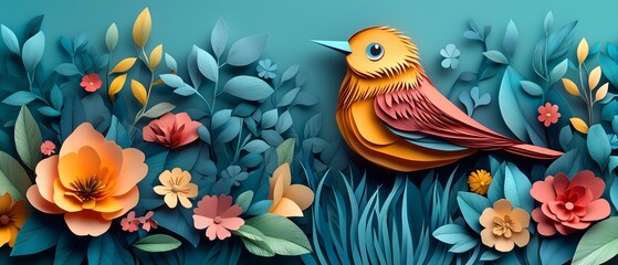 paper cut illustration of colorful paper bird,grass and flowers
