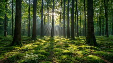 Naklejka premium Sunlight Filtering Through Trees in a Lush Green Forest Scene