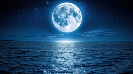 Serene full moon over tranquil ocean at night; starry sky, moonlight reflecting on water. Perfect for peaceful, dreamy, or mystical themes.