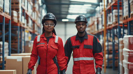Diverse Team of Warehouse Workers in Safety Gear Collaborating on Inventory Management and Logistics with Efficient Warehouse Operations
