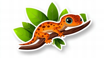 Adorable cartoon gecko perched on a branch, surrounded by lush green leaves. A cheerful illustration!