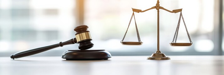 Judge gavel and scale of justice balancing on wooden table symbolizing legal concept of judgment, justice, law, and auction