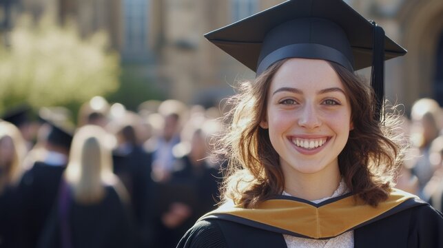 Graduate's Joyful Smile:  A young woman in a graduation cap and gown beams with pride and happiness, radiating the joy of accomplishment after years of hard work and dedication.