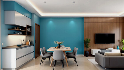 Fototapeta premium Modern apartment interior design, dining area with table and chairs, living room with blank blue wall, interior background, and 3D rendering