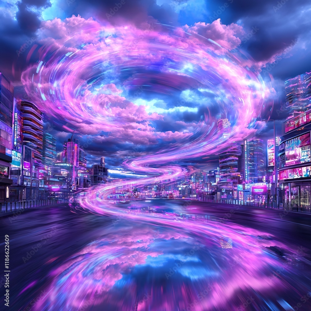 Poster luminous ripples of color and motion cascading through the cityscape of an otherworldly digital real