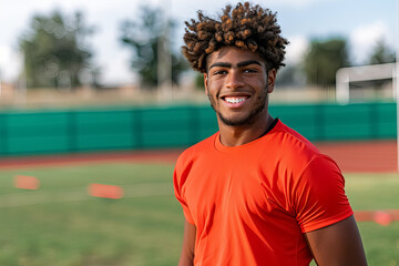 A young man with a big smile on his face is wearing an orange shirt