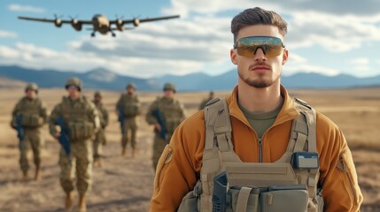 Military Personnel in Tactical Gear with Drone in Background on Open Terrain Under Blue Sky and Mountains, Showcasing Modern Defense Technology and Team Dynamics
