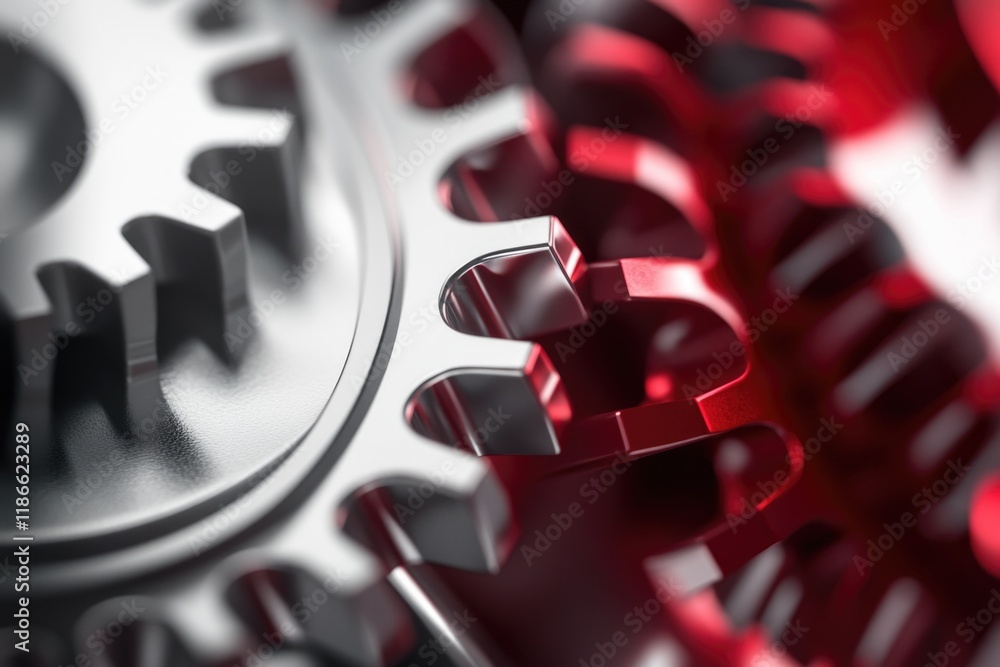 Poster a close-up view of a metal gear with red gears, suitable for use in mechanical or technological cont